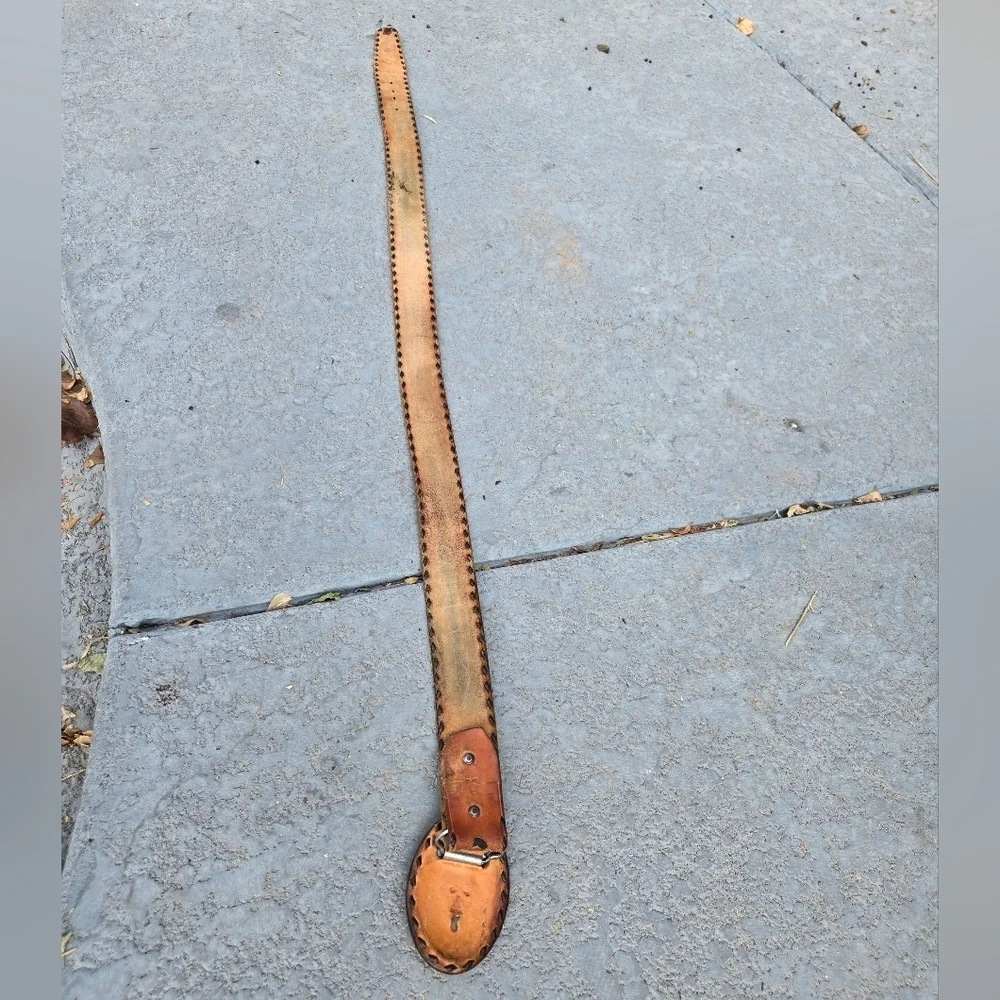 Vtg 70's Brown Hand Carved TOOLED Leather 42